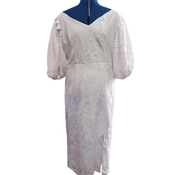 Beaded White Dress Zipper Sequins Puff Sleeve SEE MEASUREMENTS - Picture 3 of 15
